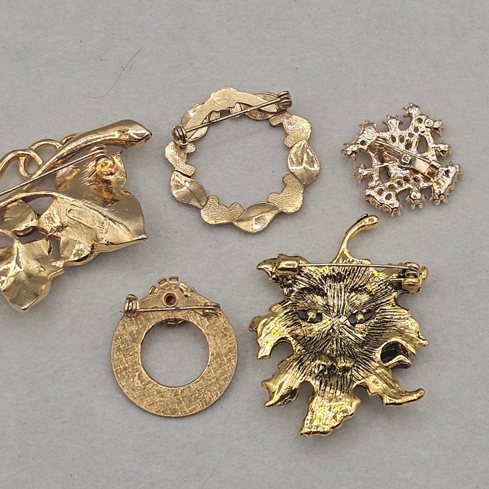 Rhinestone Brooch Lot Gold Tone Leaf Wreath Botanical 5pc Nature - Picture 2 of 10